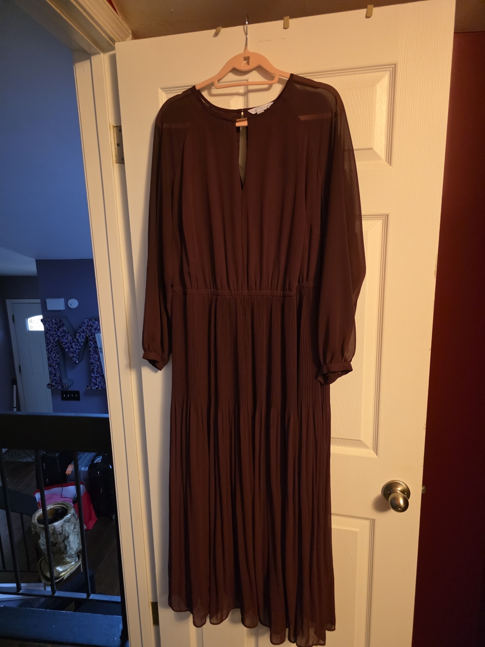 Womens Long Sleeve Maroon Pleated Midi Dress